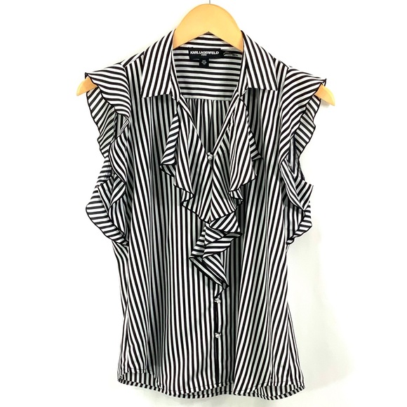 Karl Lagerfeld Tops - KARL LAGERFELD Paris Sleeveless Black White Vertical Striped Tank Top Ruffle M18
